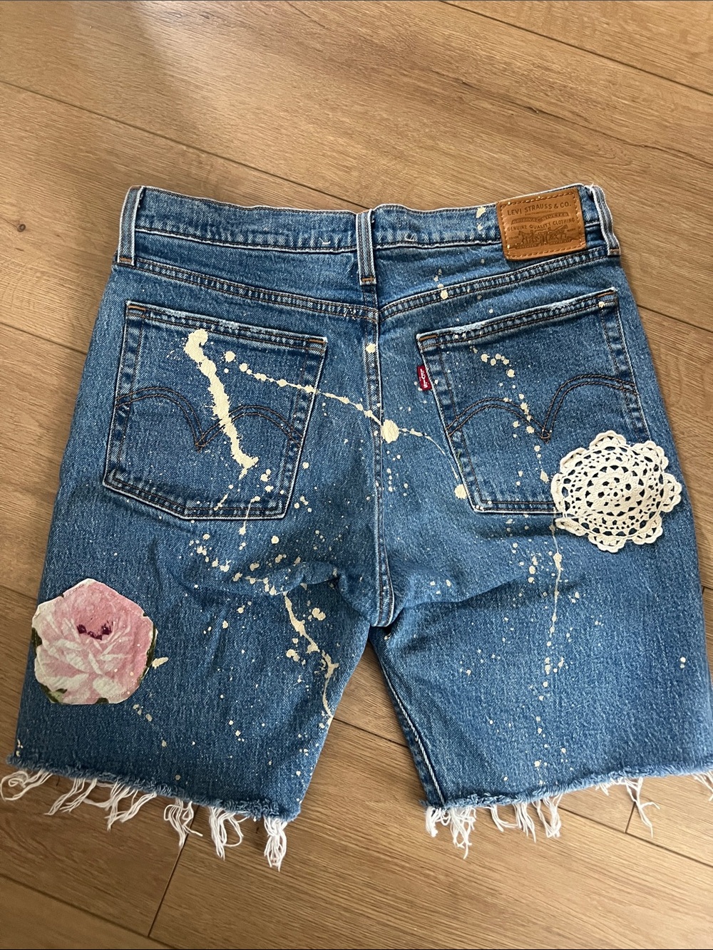 Tricia Fix Blue Denim Jean Shorts with Cream Lace and Pink Patch - Picture 6 of 6